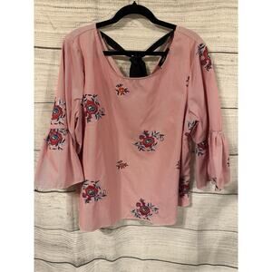 Nine West Top Red White Striped Embroidered Floral Bell Sleeves Tie Back Boho XL